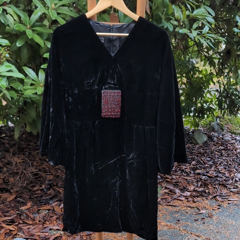 Vintage Bell Sleeve 70's Black Velvet Dress with Red Bold Accents Whimsigoth